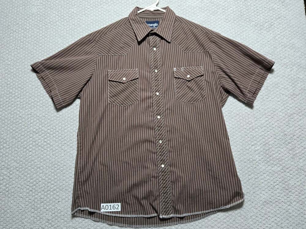 Wrangler Western Shirt Short Sleeve Brown Pinstripe Pearl Snap Men’s Large